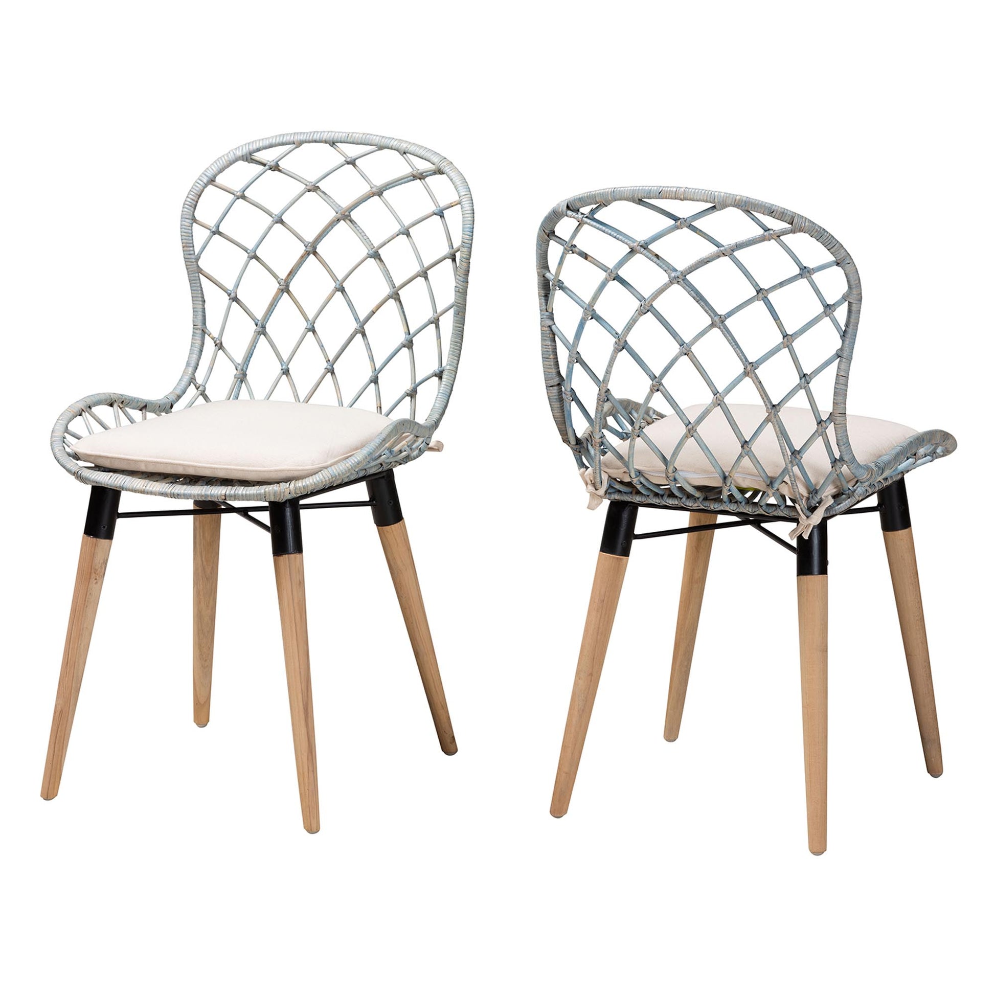 Baxton Studio bali & pari Sabelle Modern Bohemian Natural Brown Finished Teak Wood and Light Blue Rattan 2-Piece Dining Chair Set | Dining Chairs | Modishstore - 2