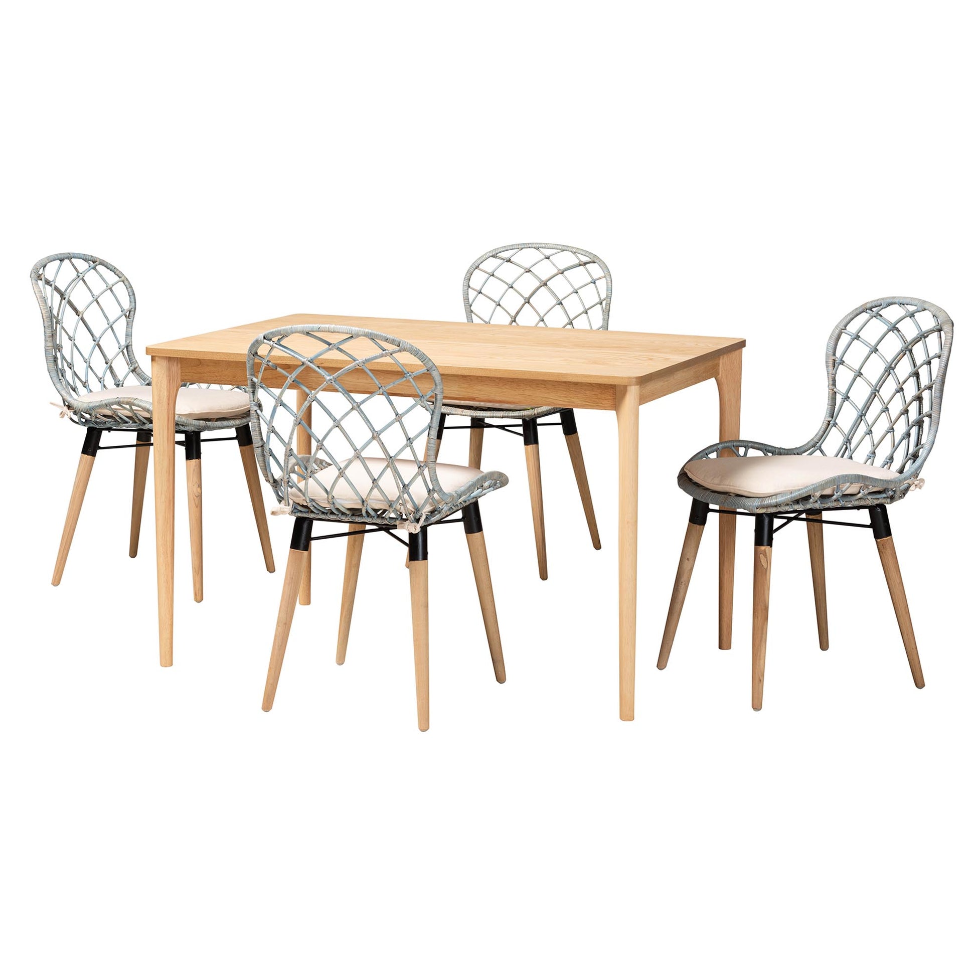 Baxton Studio Sabelle Modern Bohemian Light Blue Rattan and Natural Brown Finished Wood 5-Piece Dining Set | Dining Sets | Modishstore - 4