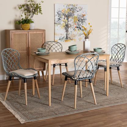 Baxton Studio Sabelle Modern Bohemian Light Blue Rattan and Natural Brown Finished Wood 5-Piece Dining Set | Dining Sets | Modishstore