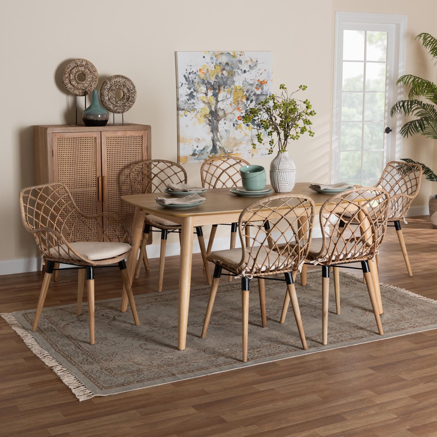 Baxton Studio Gedali Modern Bohemian Greywashed Rattan and Natural Brown Finished Wood 7-Piece Dining Set | Dining Sets | Modishstore