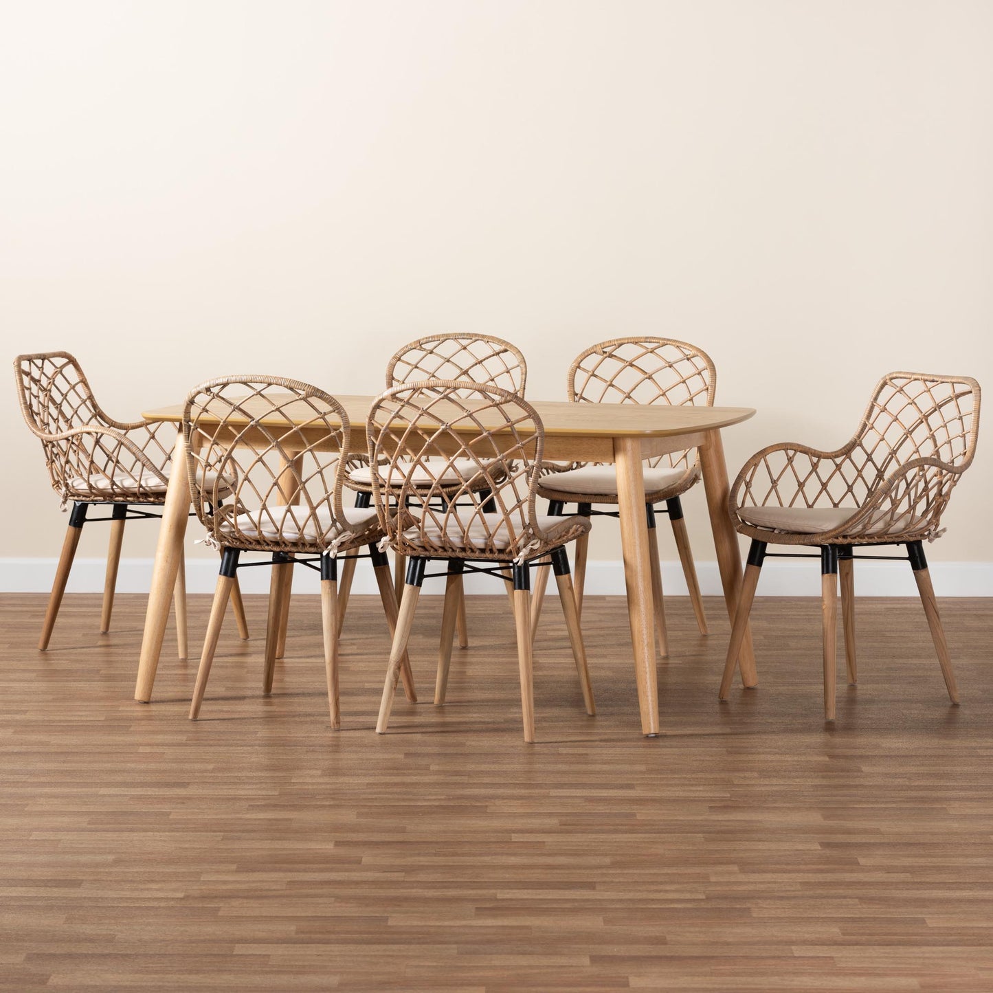 Baxton Studio Gedali Modern Bohemian Greywashed Rattan and Natural Brown Finished Wood 7-Piece Dining Set | Dining Sets | Modishstore - 4