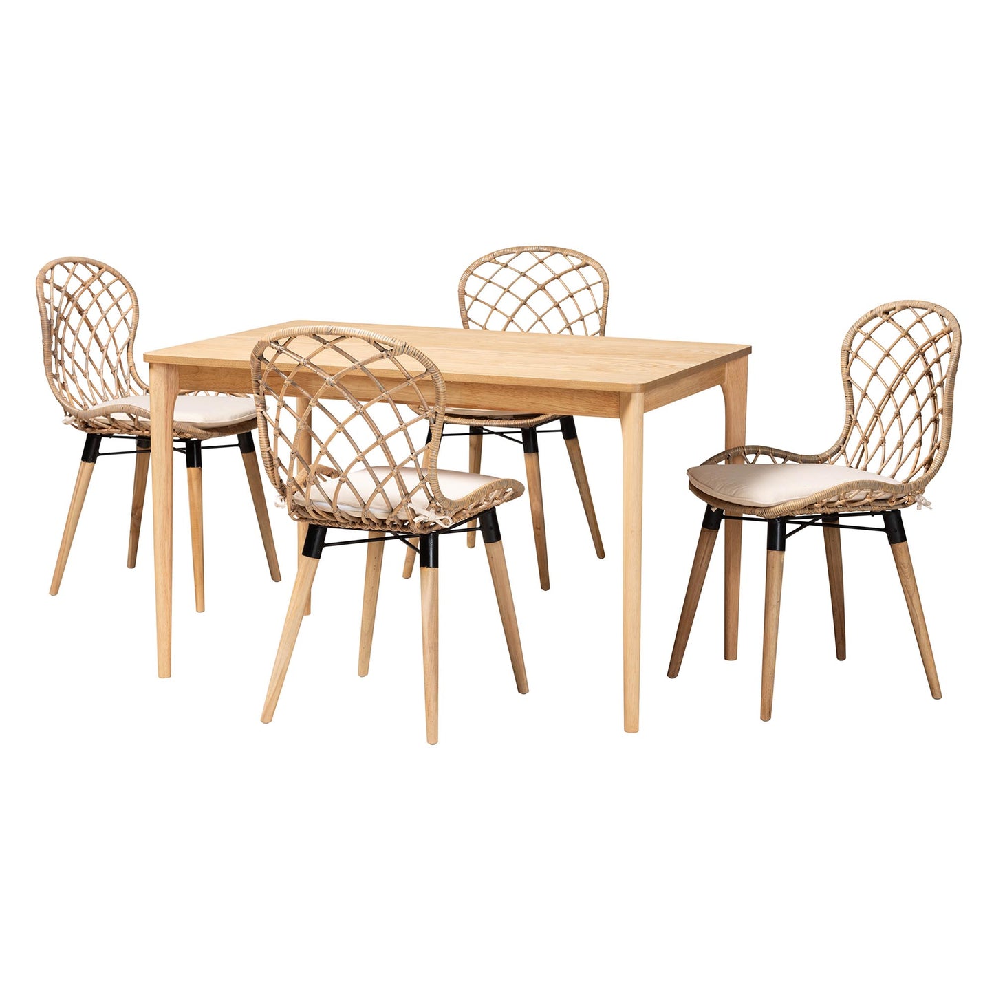 Baxton Studio Sabelle Modern Bohemian Light Blue Rattan and Natural Brown Finished Wood 5-Piece Dining Set | Dining Sets | Modishstore - 14