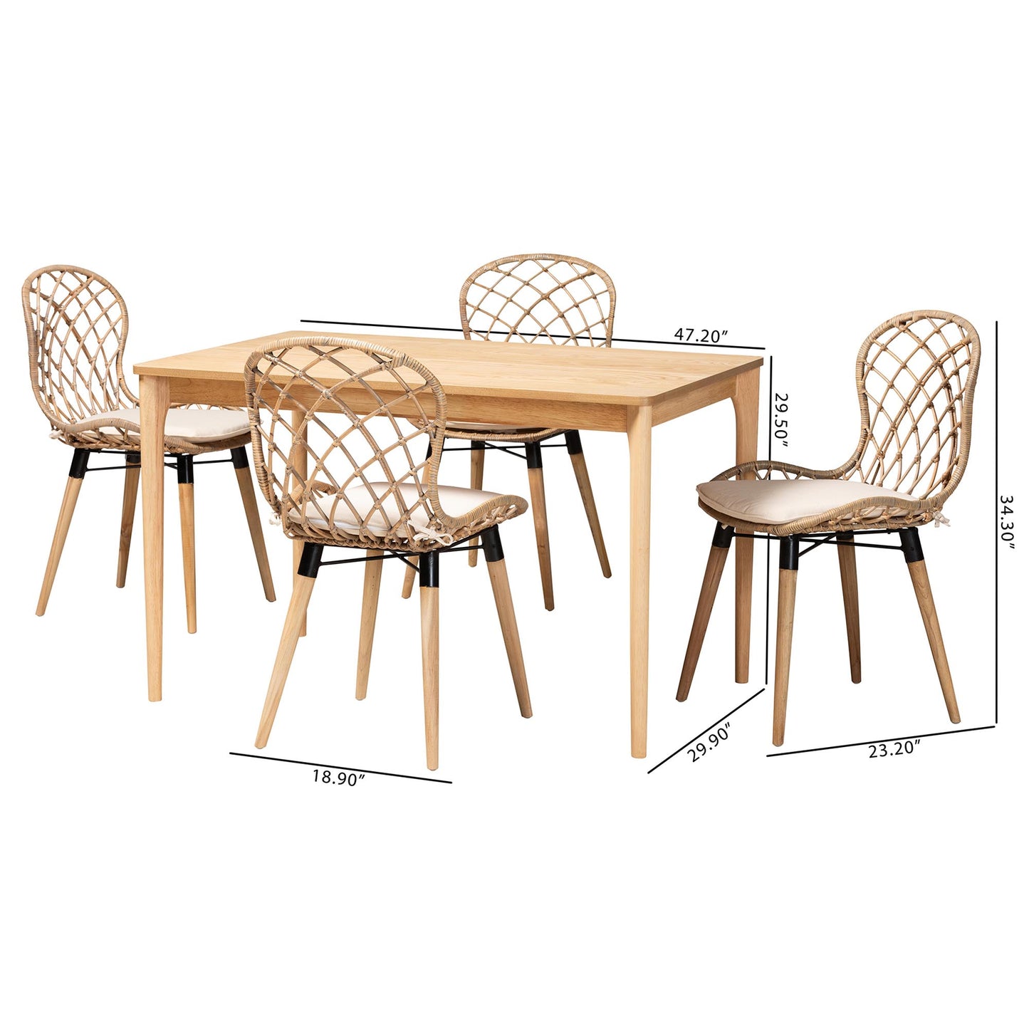 Baxton Studio Sabelle Modern Bohemian Light Blue Rattan and Natural Brown Finished Wood 5-Piece Dining Set | Dining Sets | Modishstore - 13