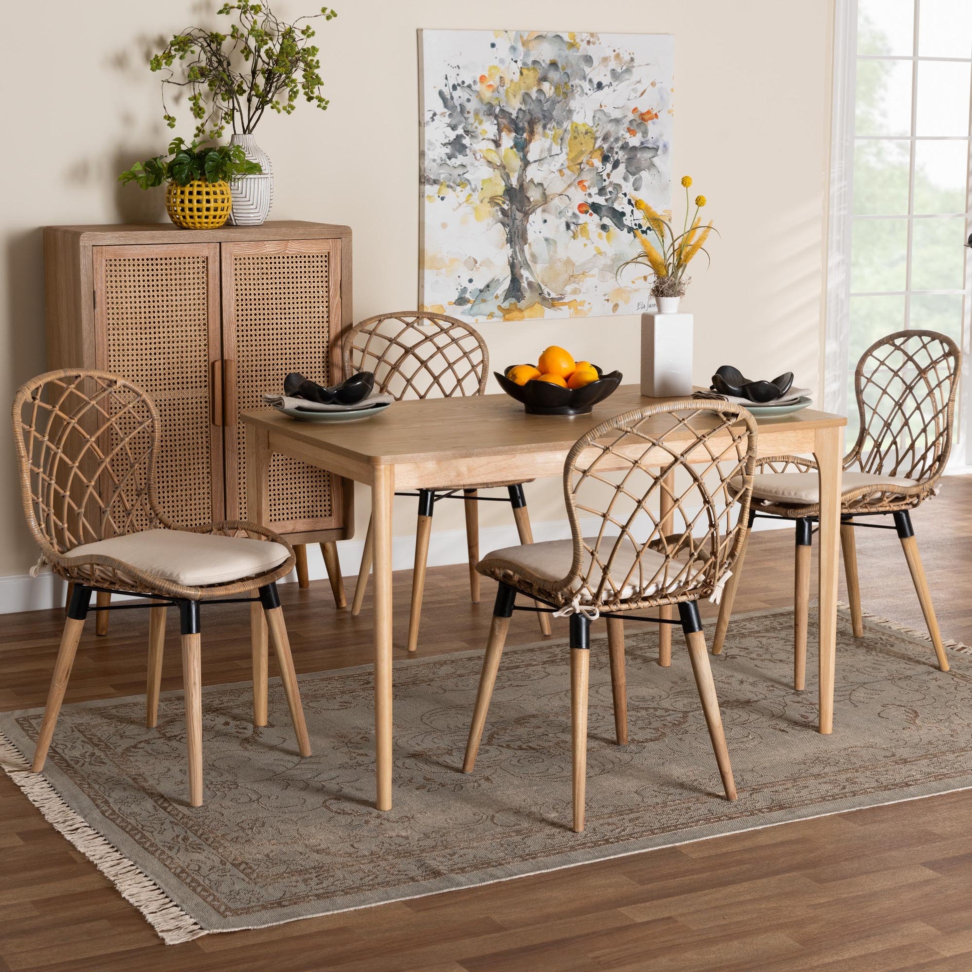 Baxton Studio Sabelle Modern Bohemian Light Blue Rattan and Natural Brown Finished Wood 5-Piece Dining Set | Dining Sets | Modishstore - 11