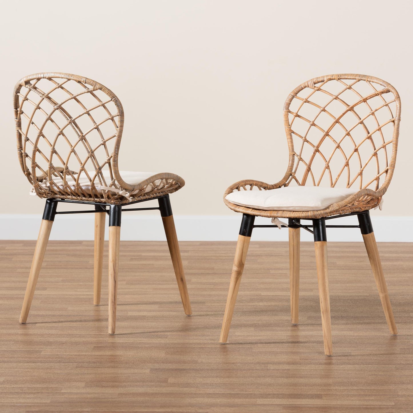 Baxton Studio bali & pari Sabelle Modern Bohemian Natural Brown Finished Teak Wood and Greywashed Rattan 2-Piece Dining Chair Set | Dining Chairs | Modishstore - 2