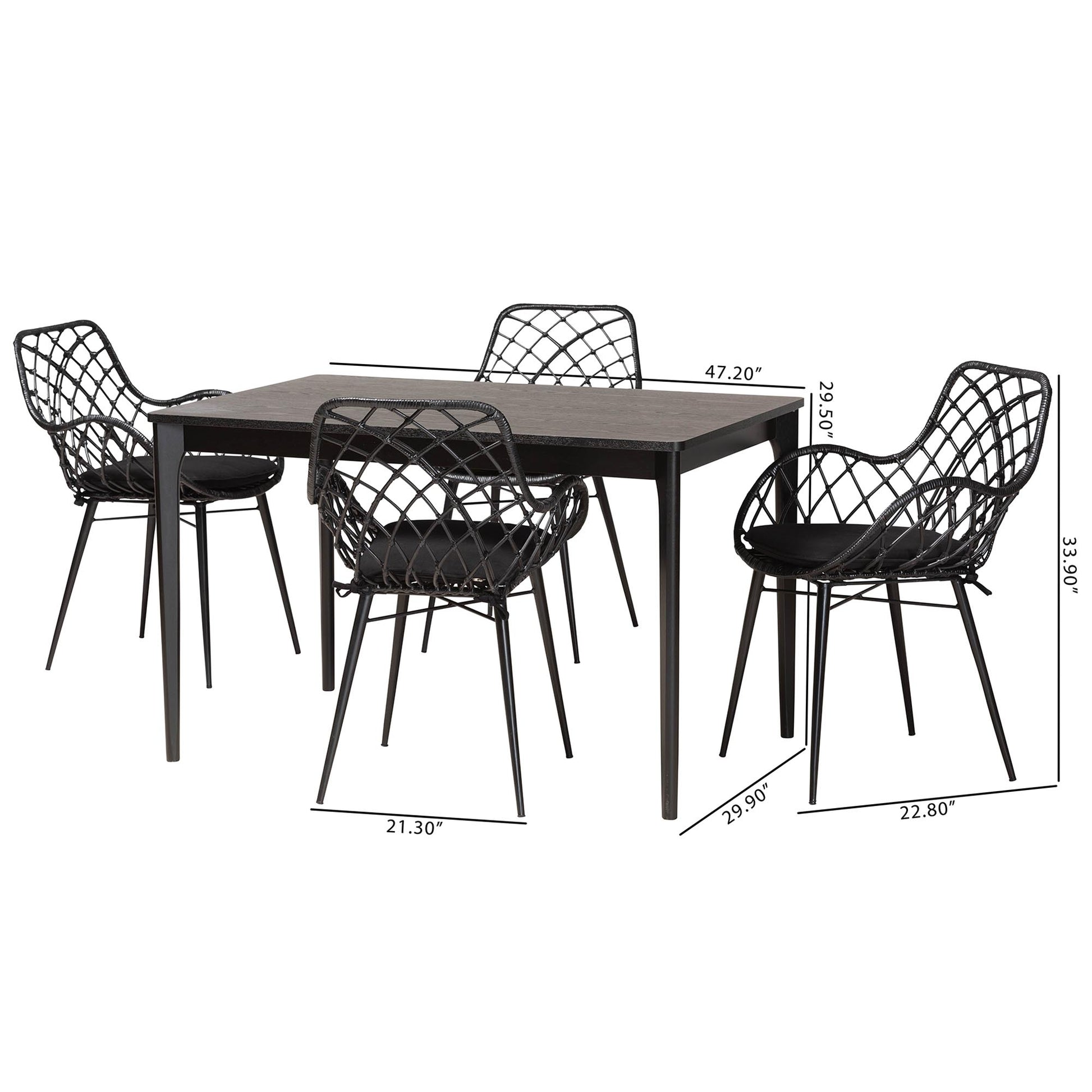 Baxton Studio Ballerina Modern Bohemian Black Finished Wood and Rattan 5-Piece Dining Set | Dining Sets | Modishstore - 3