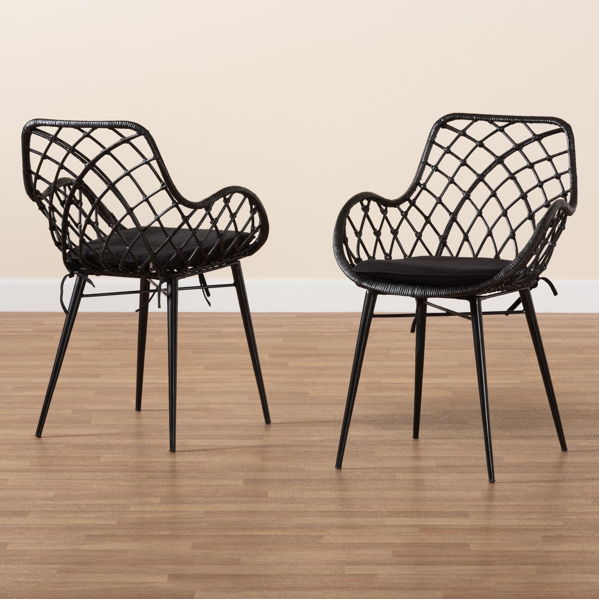 Baxton Studio bali & pari Ballerina Modern Bohemian Black Finished Rattan and Metal 2-Piece Dining Chair Set | Dining Chairs | Modishstore - 9