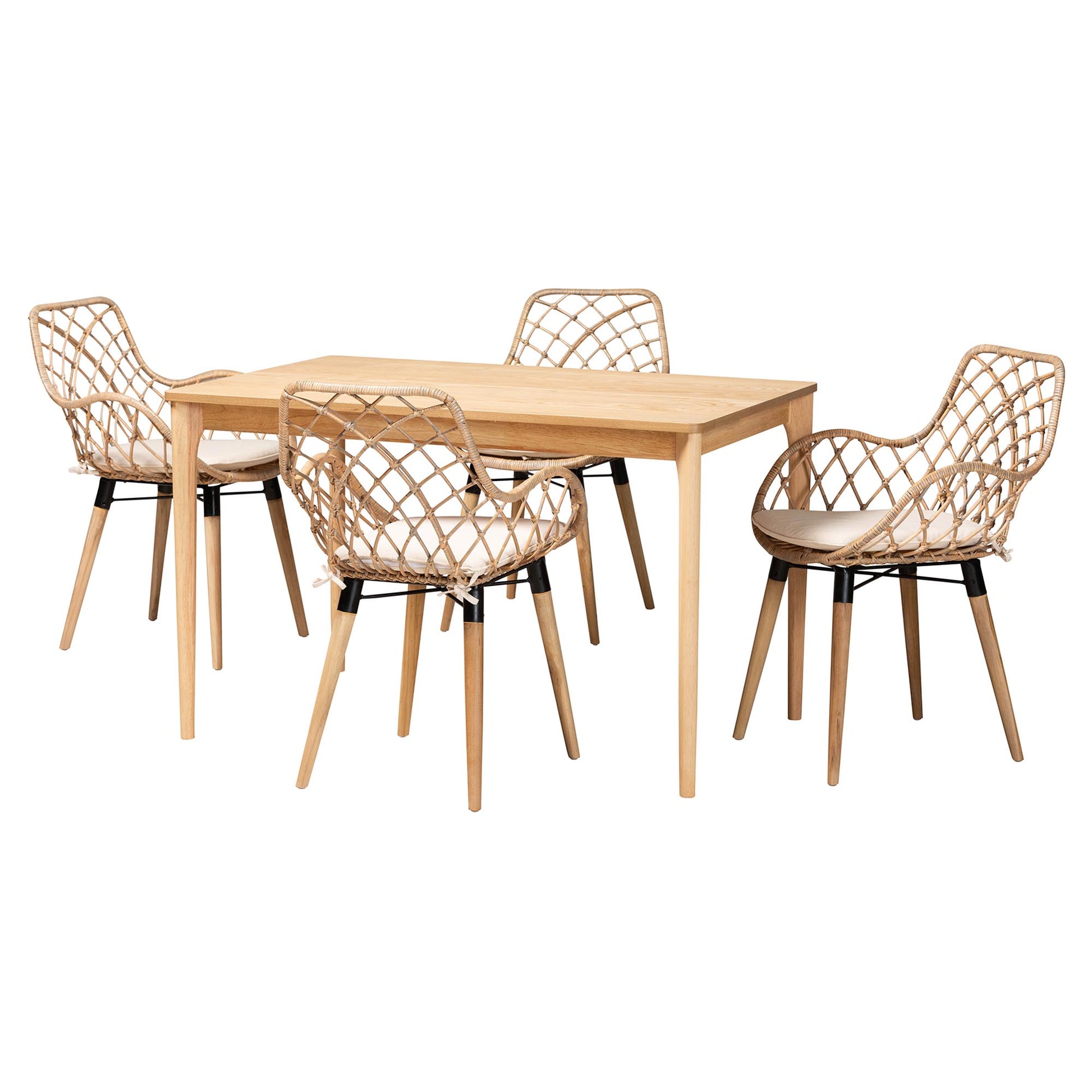 Baxton Studio Ballerina Modern Bohemian Greywashed Rattan and Natural Brown Finished Wood 5-Piece Dining Set | Dining Sets | Modishstore - 4