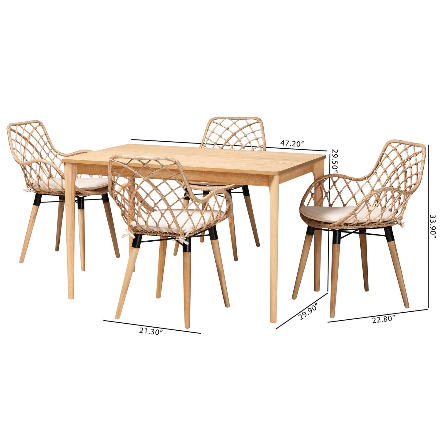 Baxton Studio Ballerina Modern Bohemian Greywashed Rattan and Natural Brown Finished Wood 5-Piece Dining Set | Dining Sets | Modishstore - 3