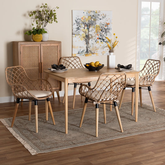 Baxton Studio Ballerina Modern Bohemian Greywashed Rattan and Natural Brown Finished Wood 5-Piece Dining Set | Dining Sets | Modishstore