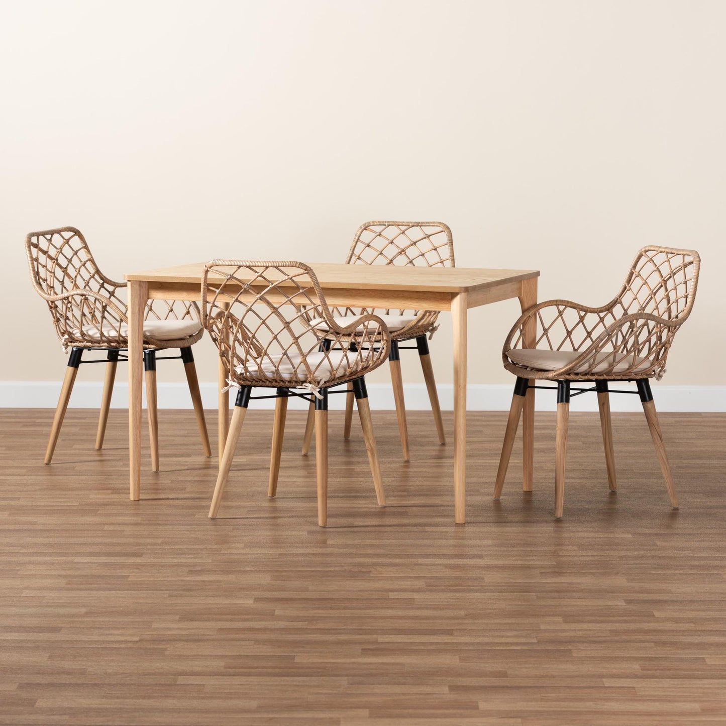 Baxton Studio Ballerina Modern Bohemian Greywashed Rattan and Natural Brown Finished Wood 5-Piece Dining Set | Dining Sets | Modishstore - 2