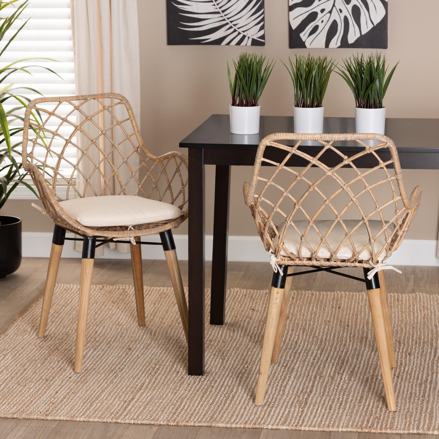 Baxton Studio bali & pari Ballerina Modern Bohemian Black Finished Rattan and Metal 2-Piece Dining Chair Set | Dining Chairs | Modishstore - 10