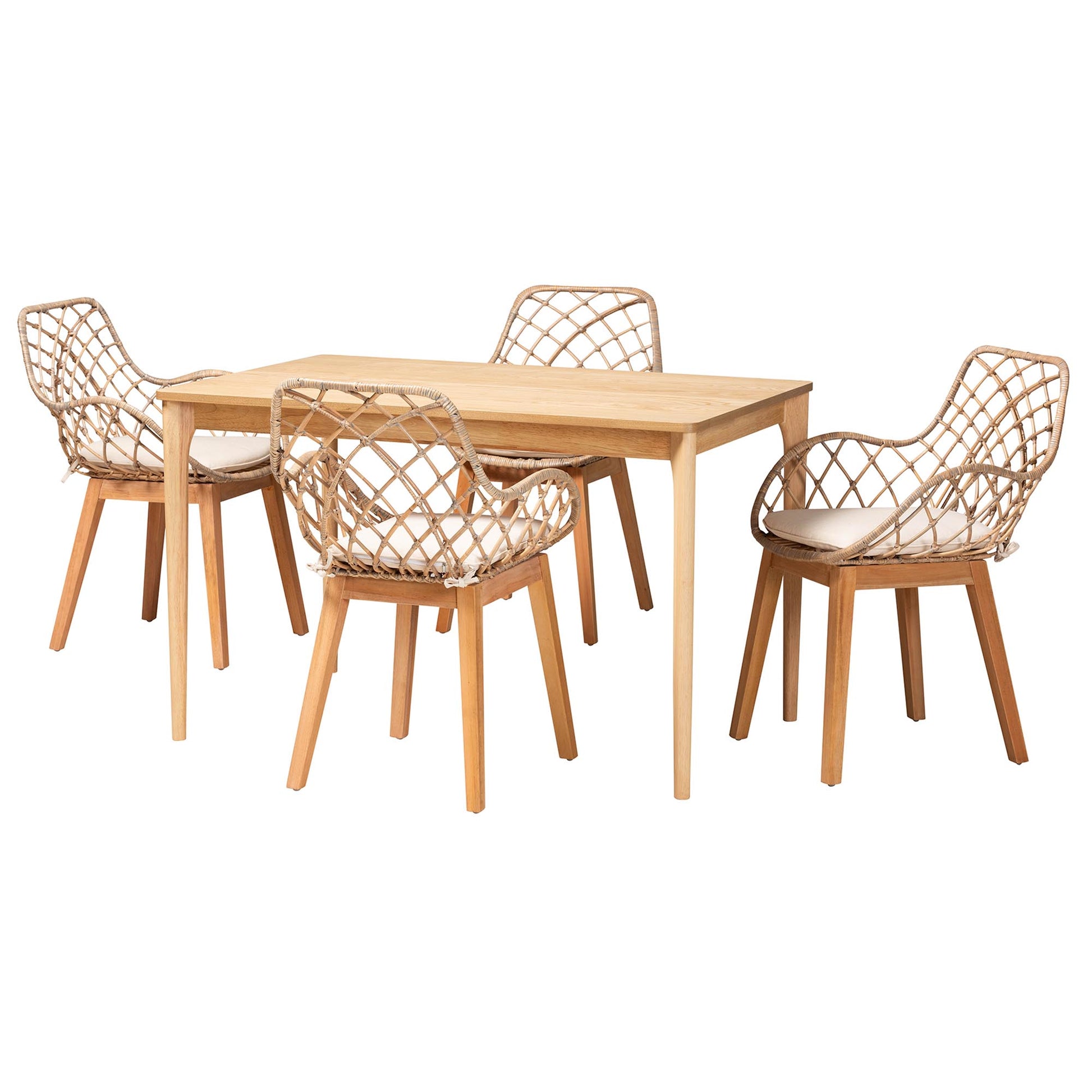 Baxton Studio Ballerina Modern Bohemian Greywashed Rattan and Natural Brown Finished Mahogany Wood 5-Piece Dining Set | Dining Sets | Modishstore - 4