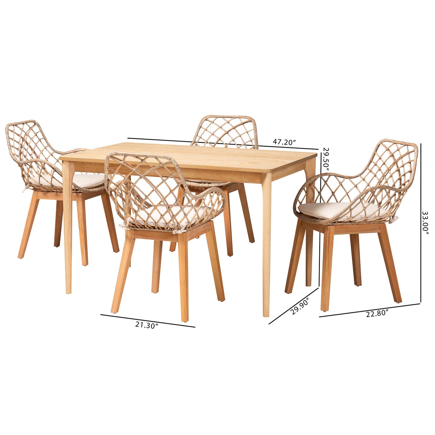 Baxton Studio Ballerina Modern Bohemian Greywashed Rattan and Natural Brown Finished Mahogany Wood 5-Piece Dining Set | Dining Sets | Modishstore - 3