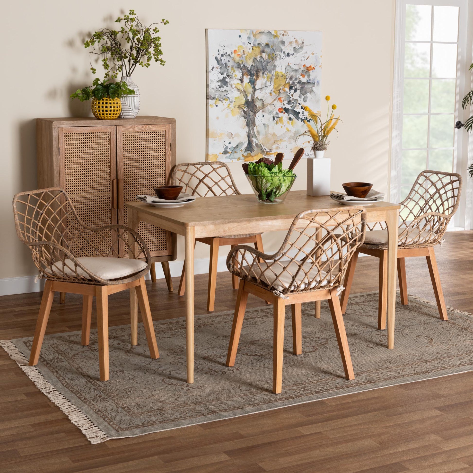 Baxton Studio Ballerina Modern Bohemian Greywashed Rattan and Natural Brown Finished Mahogany Wood 5-Piece Dining Set | Dining Sets | Modishstore