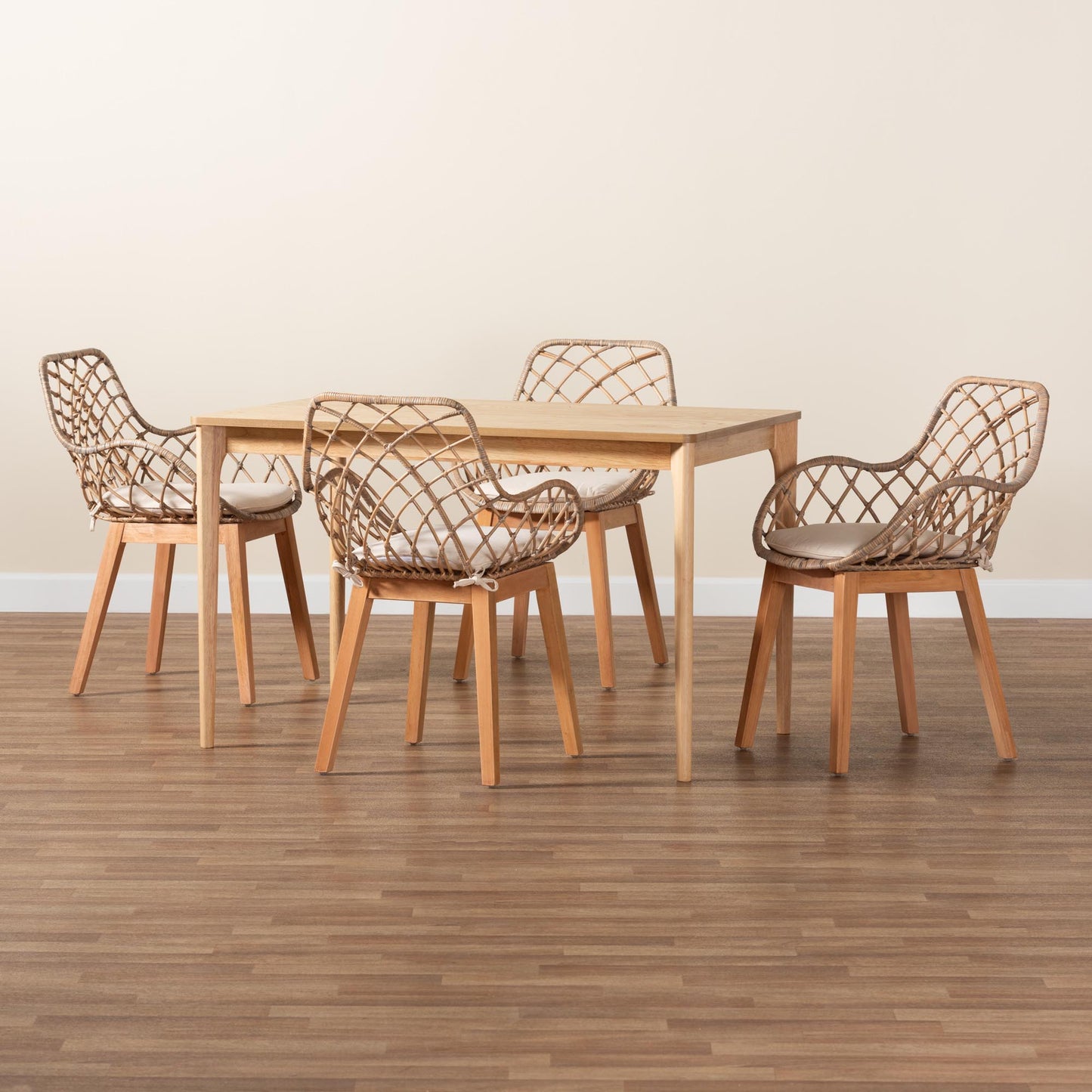 Baxton Studio Ballerina Modern Bohemian Greywashed Rattan and Natural Brown Finished Mahogany Wood 5-Piece Dining Set | Dining Sets | Modishstore - 2