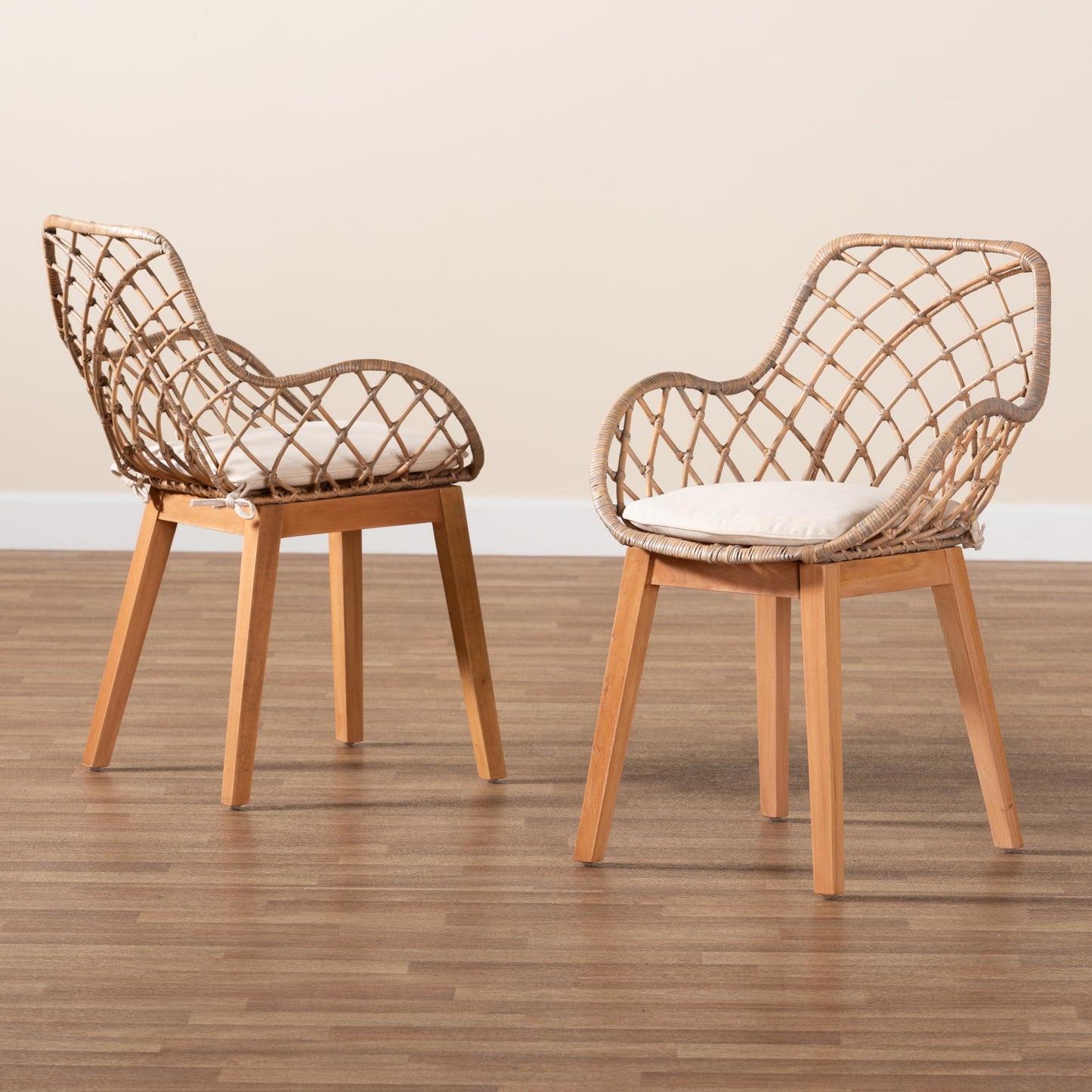 Baxton Studio bali & pari Ballerina Modern Bohemian Greywashed Rattan and Natural Brown Finished Wood 2-Piece Dining Chair Set | Dining Chairs | Modishstore - 9