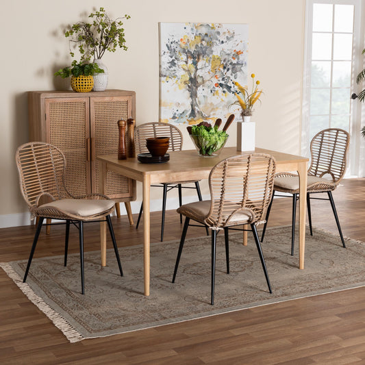 Baxton Studio Brenna Modern Bohemian Greywashed Rattan and Natural Brown Finished Wood 5-Piece Dining Set | Dining Sets | Modishstore