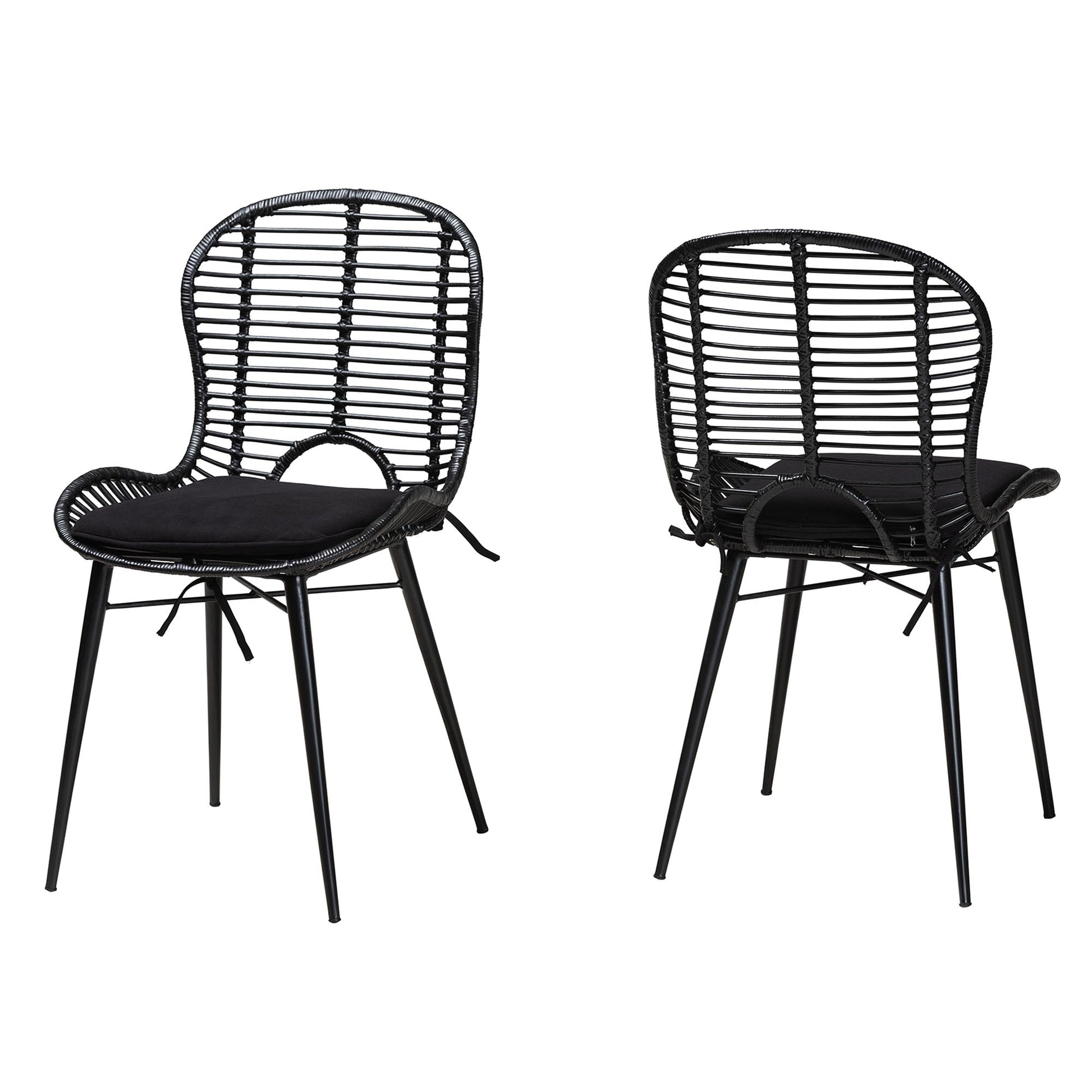 Baxton Studio bali & pari Brenna Modern Bohemian Greywashed Rattan and Black Metal 2-Piece Dining Chair Set | Dining Chairs | Modishstore - 11