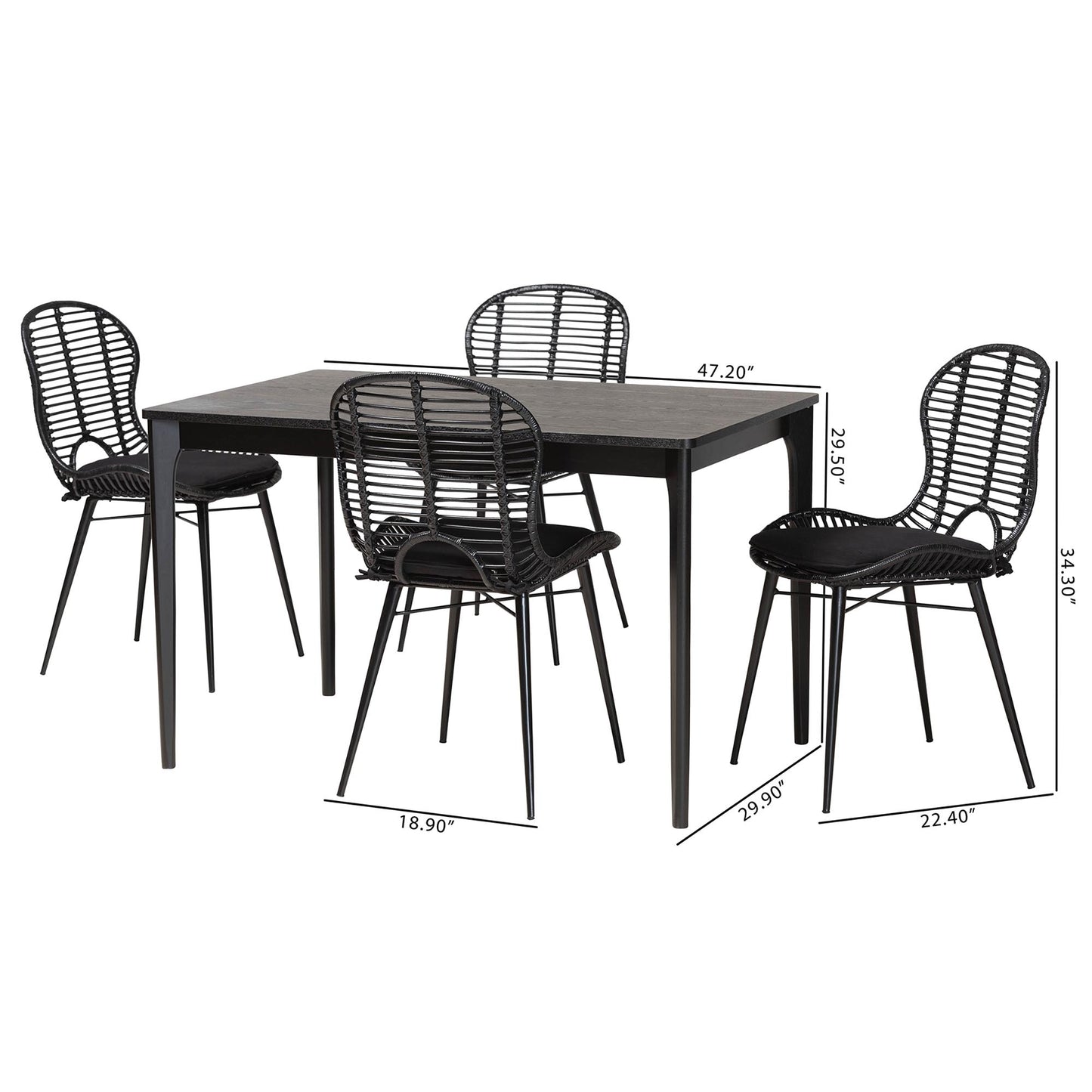 Baxton Studio Brenna Modern Bohemian Black Finished Wood and Rattan 5-Piece Dining Set | Dining Sets | Modishstore - 10