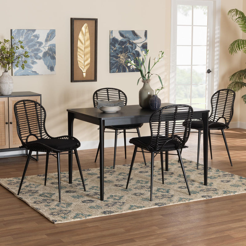 Baxton Studio Brenna Modern Bohemian Black Finished Wood and Rattan 5-Piece Dining Set | Dining Sets | Modishstore