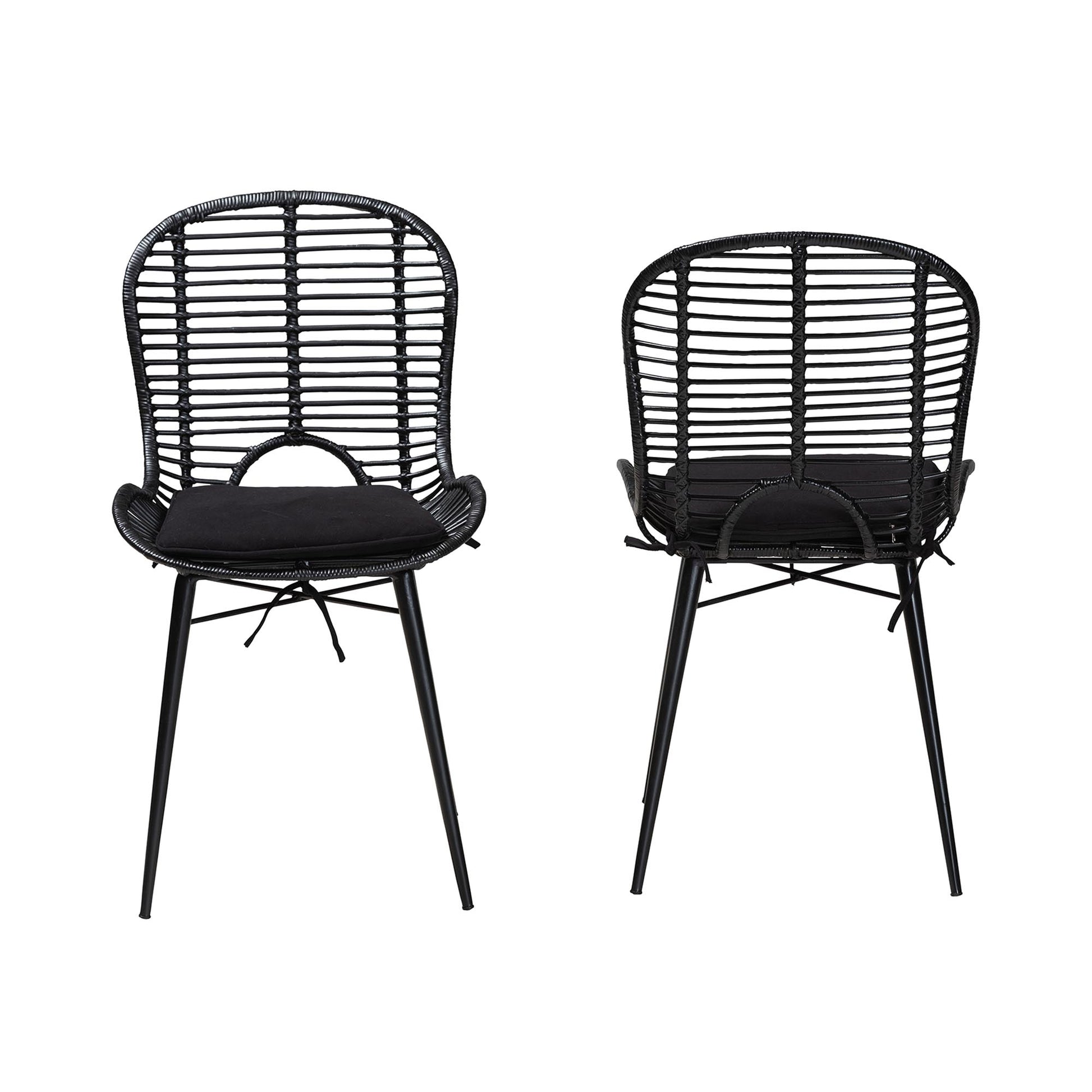 Baxton Studio bali & pari Brenna Modern Bohemian Greywashed Rattan and Black Metal 2-Piece Dining Chair Set | Dining Chairs | Modishstore - 12