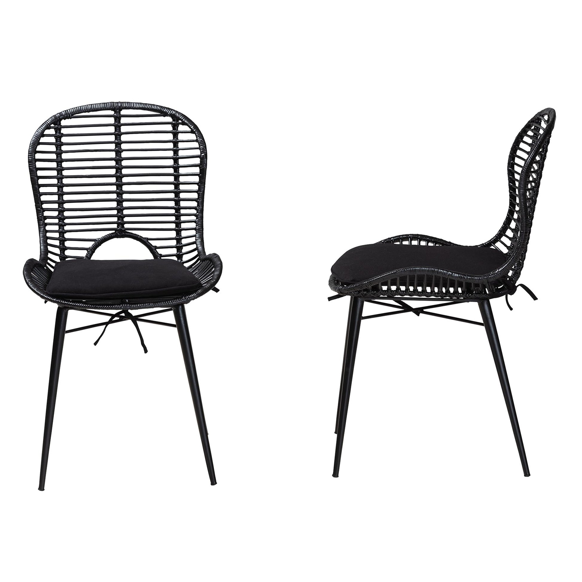 Baxton Studio bali & pari Brenna Modern Bohemian Greywashed Rattan and Black Metal 2-Piece Dining Chair Set | Dining Chairs | Modishstore - 13