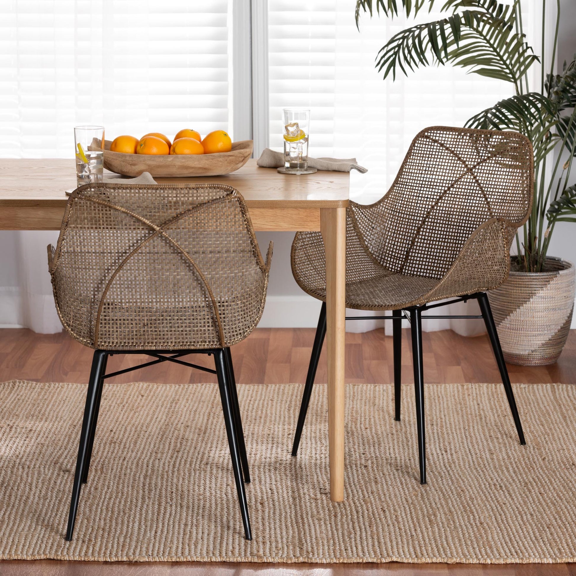 Baxton Studio bali & pari Ballerina Modern Bohemian Greywashed Rattan and Black Metal 2-Piece Dining Chair Set | Dining Chairs | Modishstore