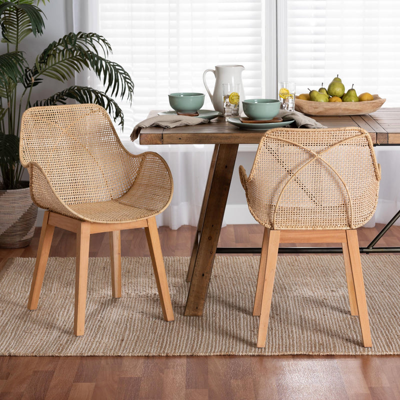 Baxton Studio bali & pari Ballerina Japandi Natural Brown Finished Mahogany Wood and Rattan 2-Piece Dining Chair Set | Dining Chairs | Modishstore