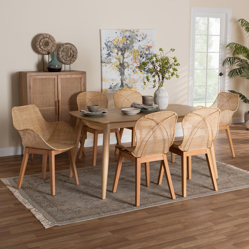 Baxton Studio Emmali Modern Bohemian Natural Brown Finished Wood and Rattan 7-Piece Dining Set | Dining Sets | Modishstore