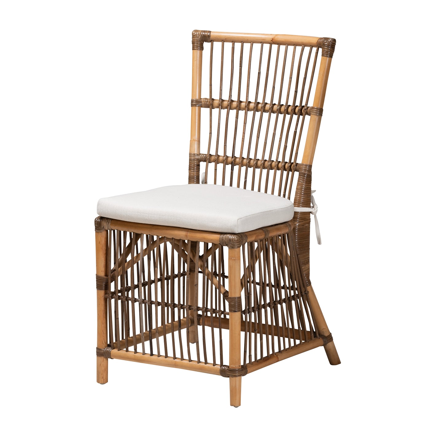 Baxton Studio bali & pari Kim Modern Bohemian White Fabric and Natural Brown Rattan Dining Chair | Dining Chairs | Modishstore - 2