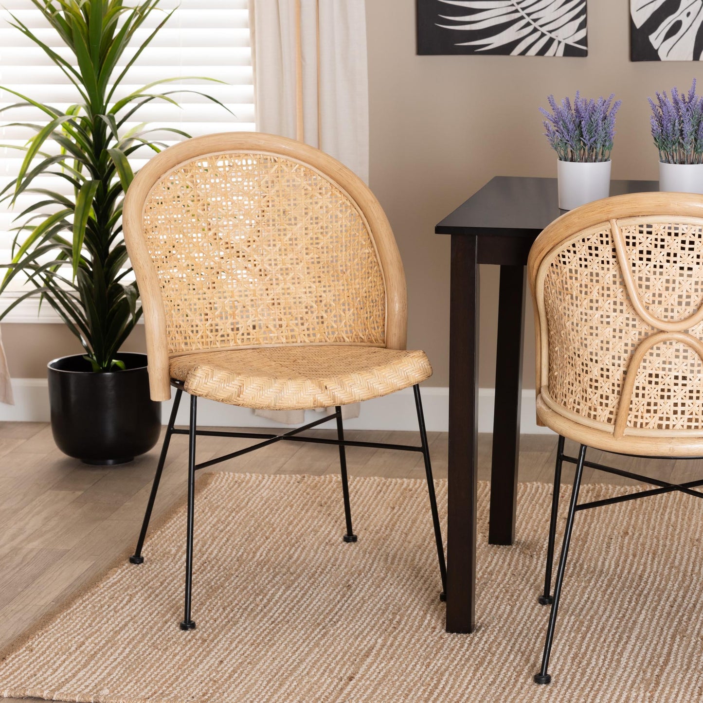 Baxton Studio bali & pari Lisa Modern Bohemian Natural Brown Rattan and Black Metal Dining Chair | Dining Chairs | Modishstore