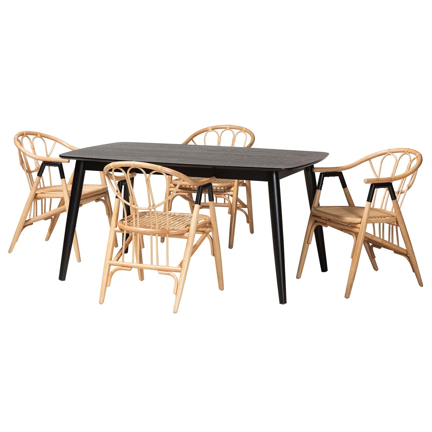 Baxton Studio Cyntia Modern Bohemian Black Finished Wood and Natural Rattan 5-Piece Dining Set | Dining Sets | Modishstore - 2