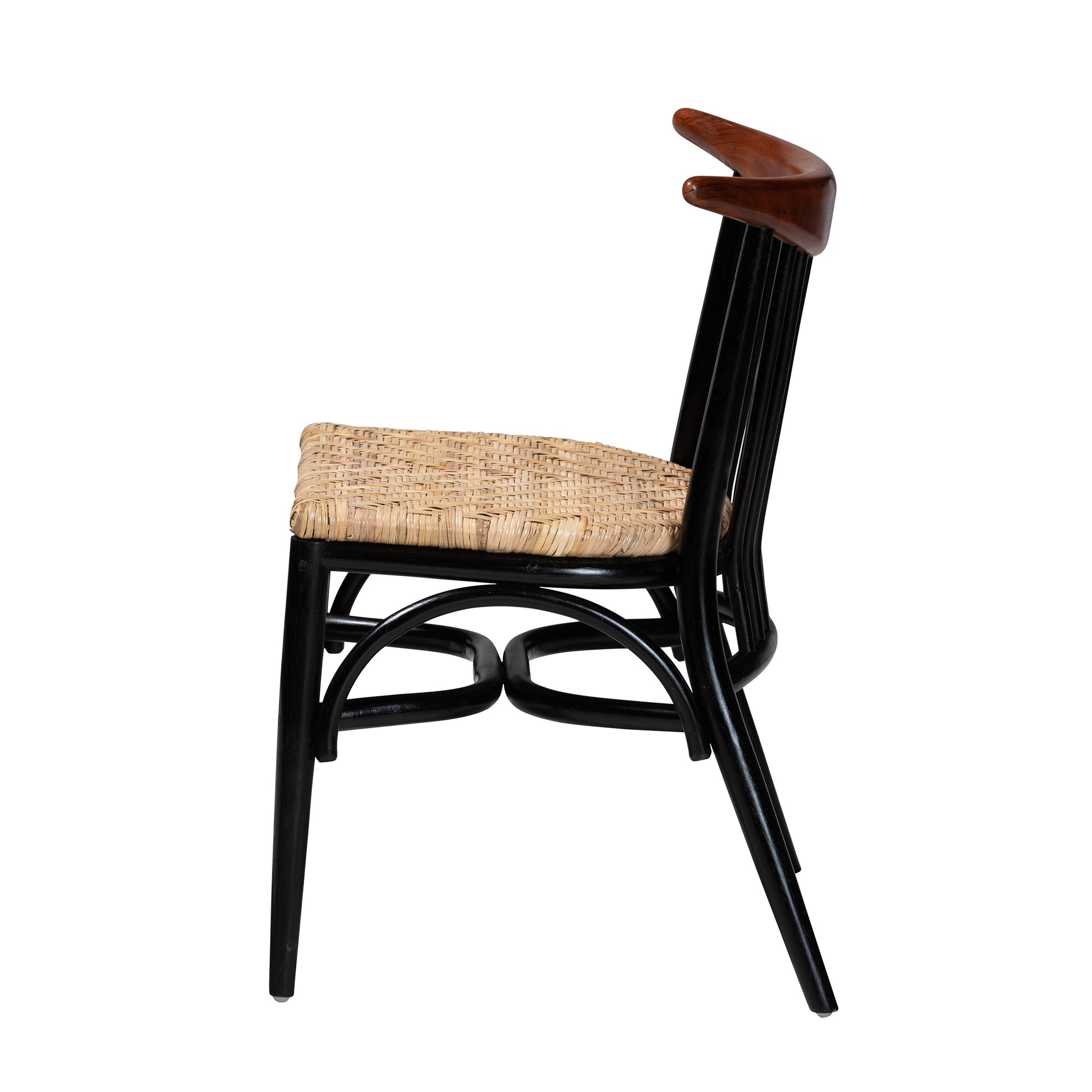 Baxton Studio bali & pari Parthenia Mid-Century Modern Two-Tone Black and Walnut Brown Finished Mahogany Wood and Natural Rattan Dining Chair | Dining Chairs | Modishstore - 4