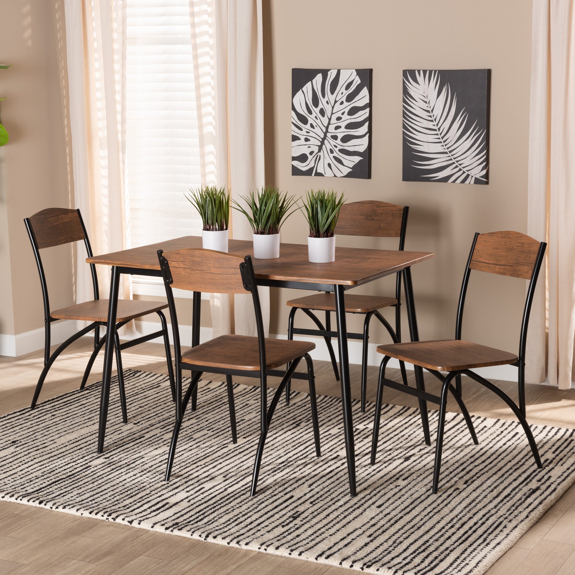 Baxton Studio Neona Modern Industrial Walnut Brown Finished Wood and Black Metal 5-Piece Dining Set | Dining Sets | Modishstore