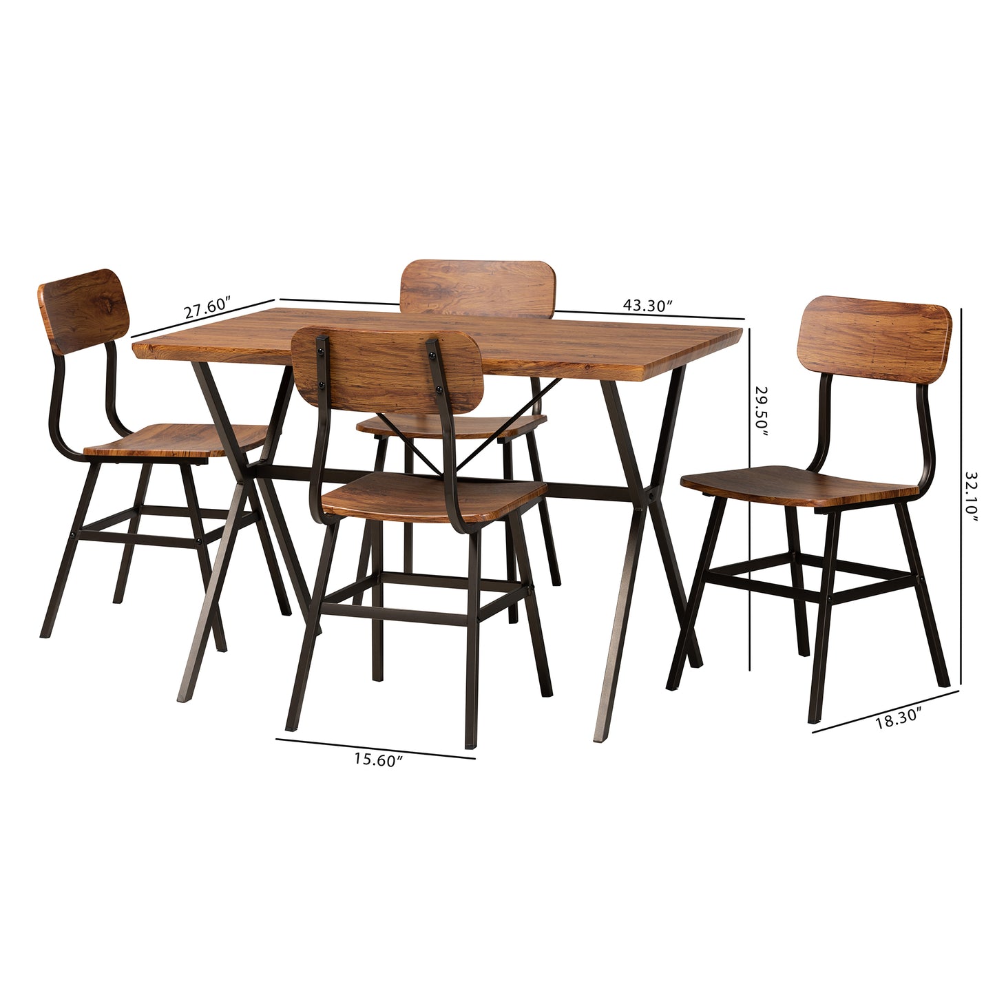 Baxton Studio Irwin Modern Industrial Walnut Brown Finished Wood and Black Metal 5-Piece Dining Set | Dining Sets | Modishstore - 10