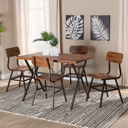 Baxton Studio Irwin Modern Industrial Walnut Brown Finished Wood and Black Metal 5-Piece Dining Set | Dining Sets | Modishstore