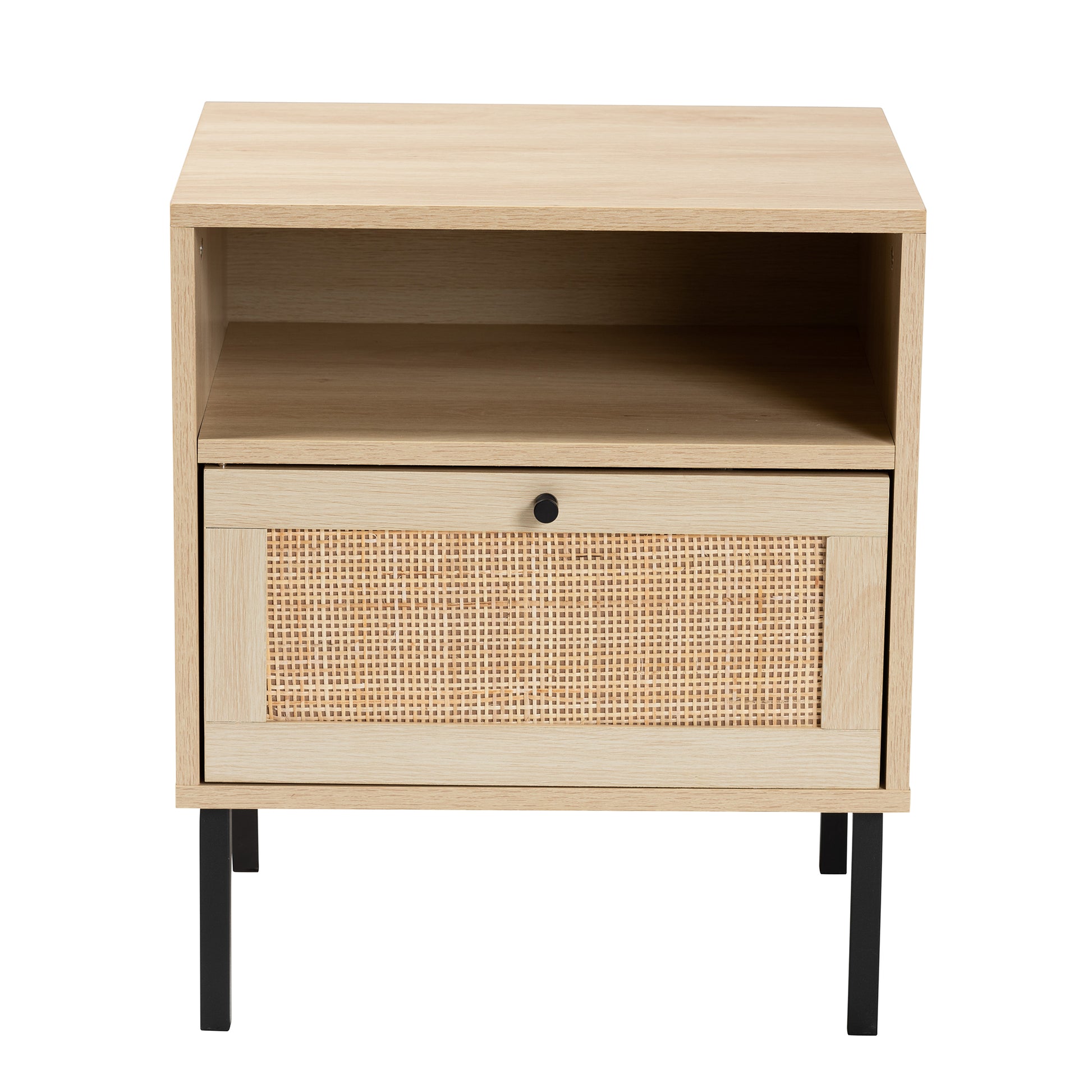 Baxton Studio Caterina Mid-Century Modern Transitional Natural Brown Finished Wood and Natural Rattan 1-Door End Table | Cabinets | Modishstore - 6