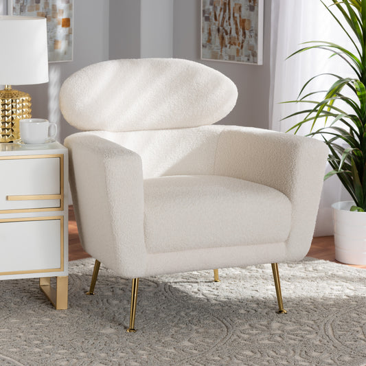 Baxton Studio Fantasia Modern and Contemporary Ivory Boucle Upholstered and Gold Metal Armchair | Armchairs | Modishstore