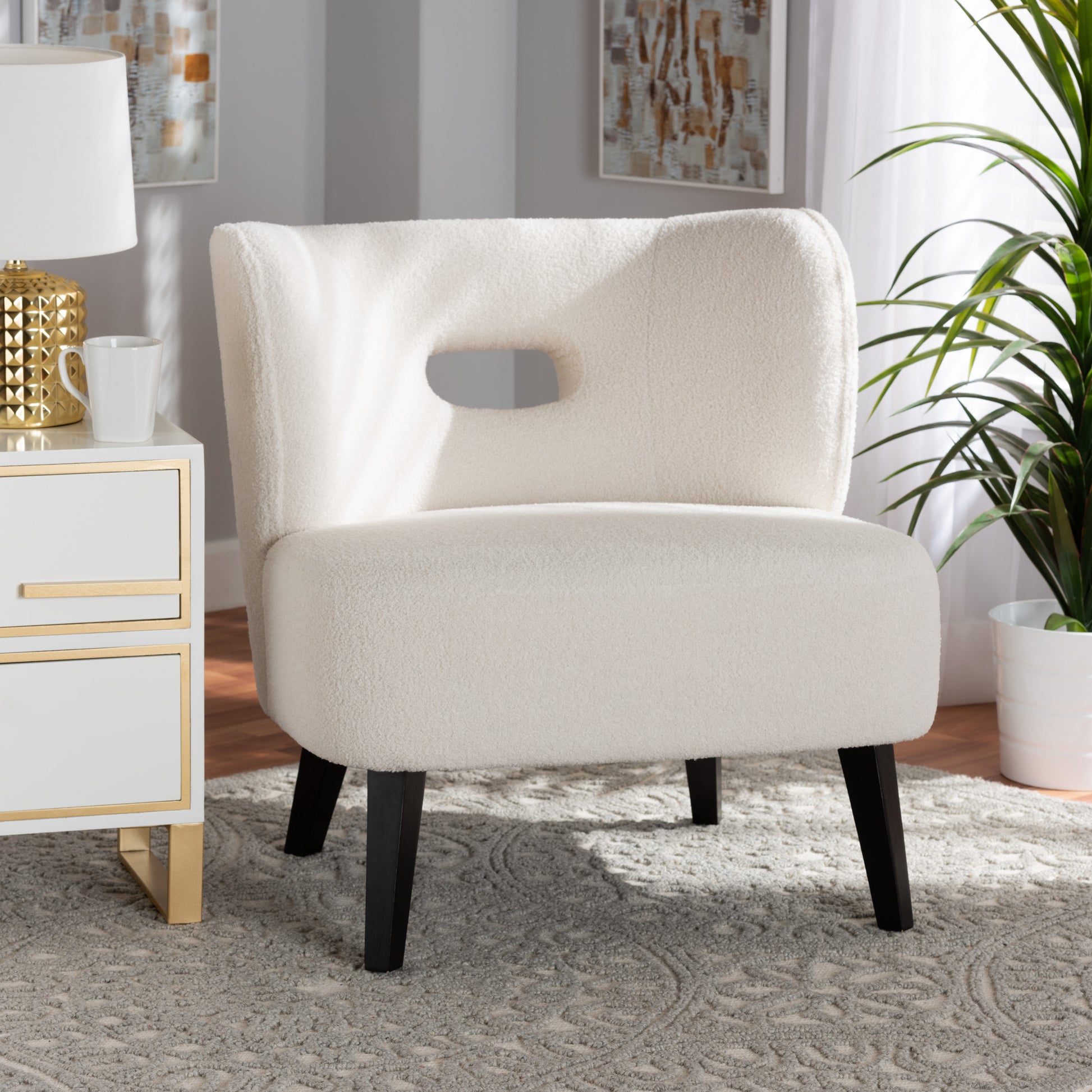 Baxton Studio Naara Modern and Contemporary Ivory Boucle Upholstered and Black Finished Wood Accent Chair | Accent Chairs | Modishstore