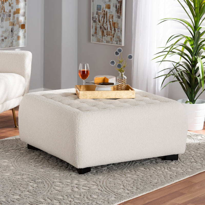 Baxton Studio Athena Modern and Contemporary Ivory Boucle Upholstered and Black Finished Wood Square Ottoman | Ottomans | Modishstore