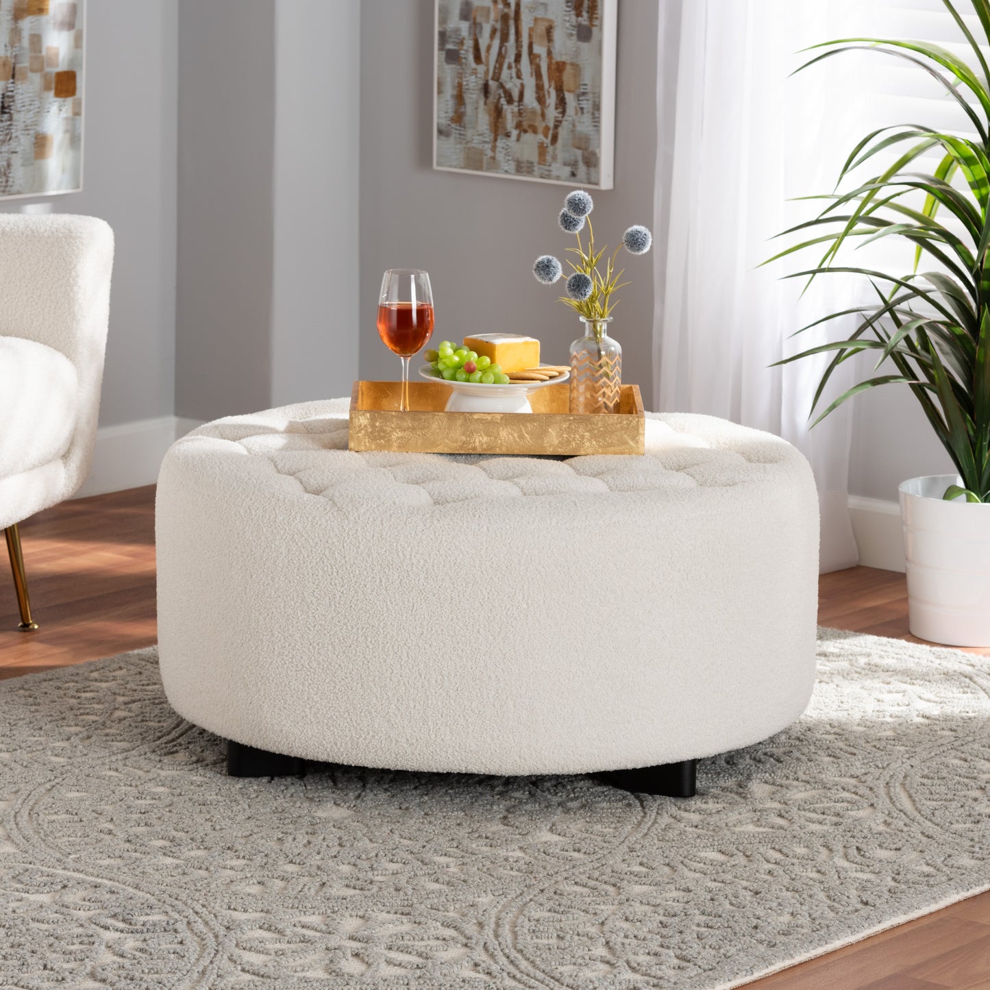 Baxton Studio Athena Modern and Contemporary Ivory Boucle Upholstered and Black Finished Wood Round Ottoman | Ottomans | Modishstore