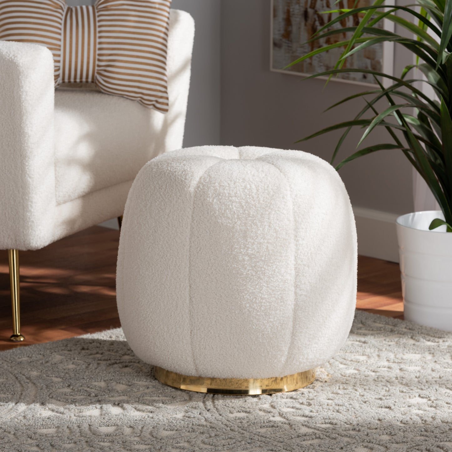 Baxton Studio Raelynn Modern and Contemporary Ivory Boucle Upholstered and Gold Metal Ottoman | Ottomans | Modishstore