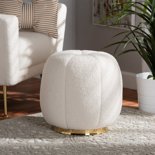 Baxton Studio Raelynn Modern and Contemporary Ivory Boucle Upholstered and Gold Metal Ottoman | Ottomans | Modishstore