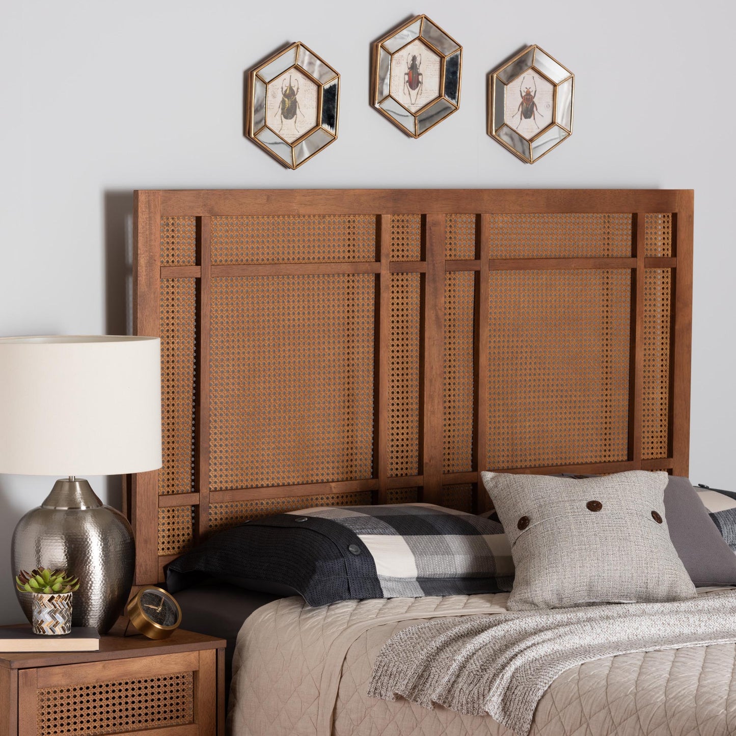 Baxton Studio Katrice Mid-Century Modern Ash Walnut Finished Wood King Size Headboard with Rattan | Headboards | Modishstore