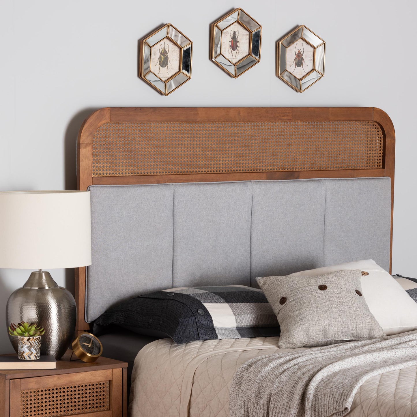 Baxton Studio Esti Mid-Century Modern Light Grey Fabric and Ash Walnut Finished Wood King Size Headboard with Rattan | Headboards | Modishstore