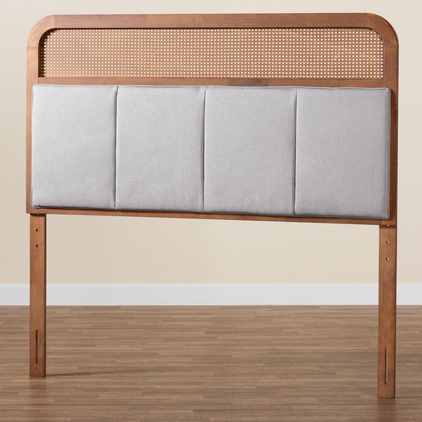 Baxton Studio Esti Mid-Century Modern Light Grey Fabric and Ash Walnut Finished Wood Queen Size Headboard with Rattan | Headboards | Modishstore - 6