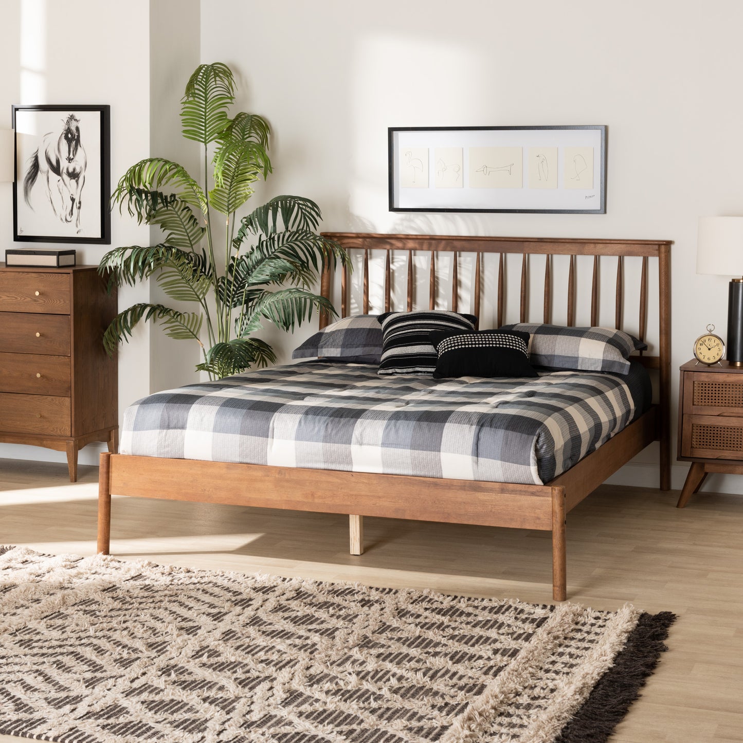 Baxton Studio Agatis Mid-Century Modern Walnut Brown Finished Wood Queen Size Bed | Beds | Modishstore