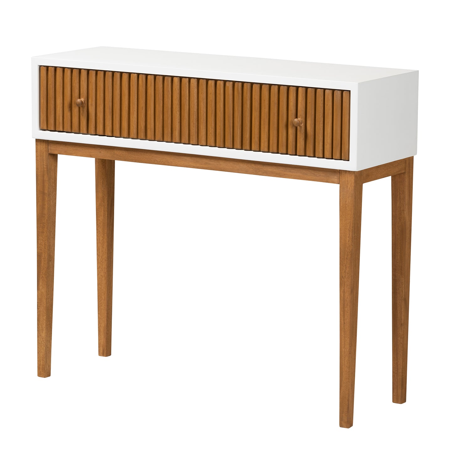 Baxton Studio bali & pari Odile Mid-Century Modern Two-Tone Natural Brown and White Bayur Wood 1-Drawer Console Table | Console Tables | Modishstore - 4