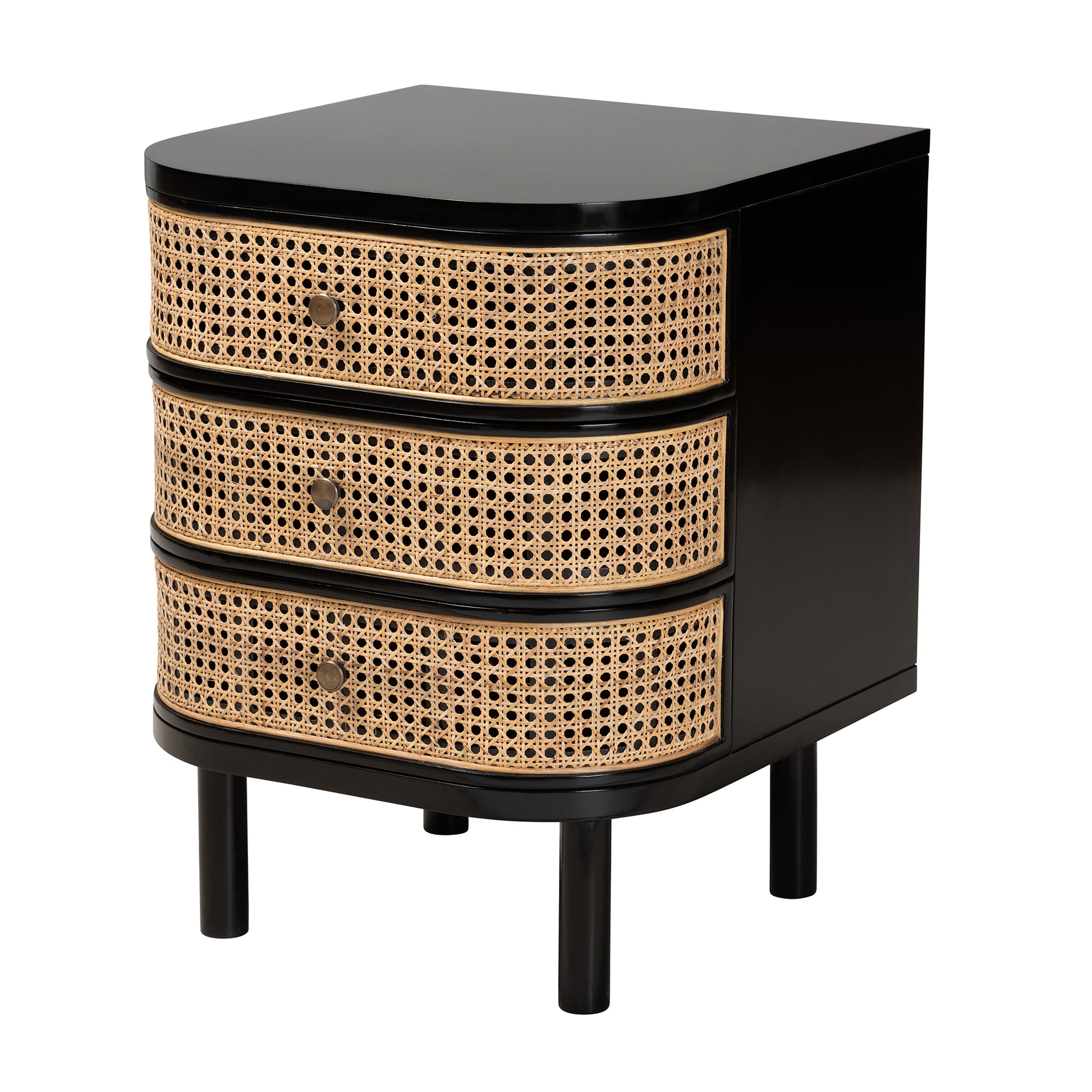 Baxton Studio bali & pari Nabila Modern Bohemian Black Bayur Wood and Natural Rattan 3-Drawer End Table Nightstand | Nightstands | Modishstore - 2